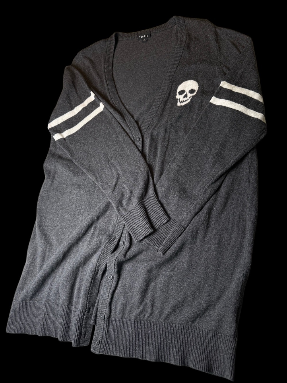 torrid Long Line Dark Grey Varsity Cardigan with White Skull & Sleeve Stripes